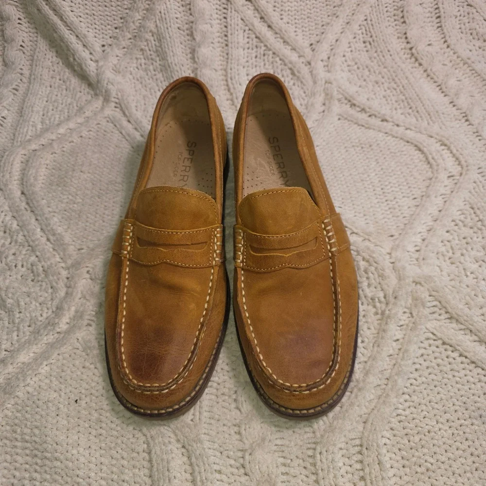 Sperry Penny Loafers Tan Leather Moc Toe‎ Slip On Drivers Mens 8.5 Excellent